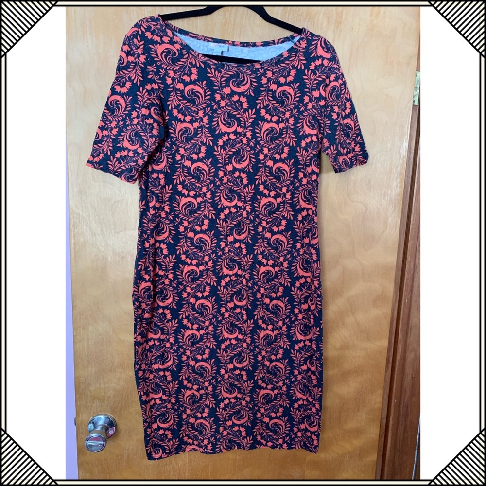 LuLaRoe Orange and Dark Navy Julia Floral Dress L